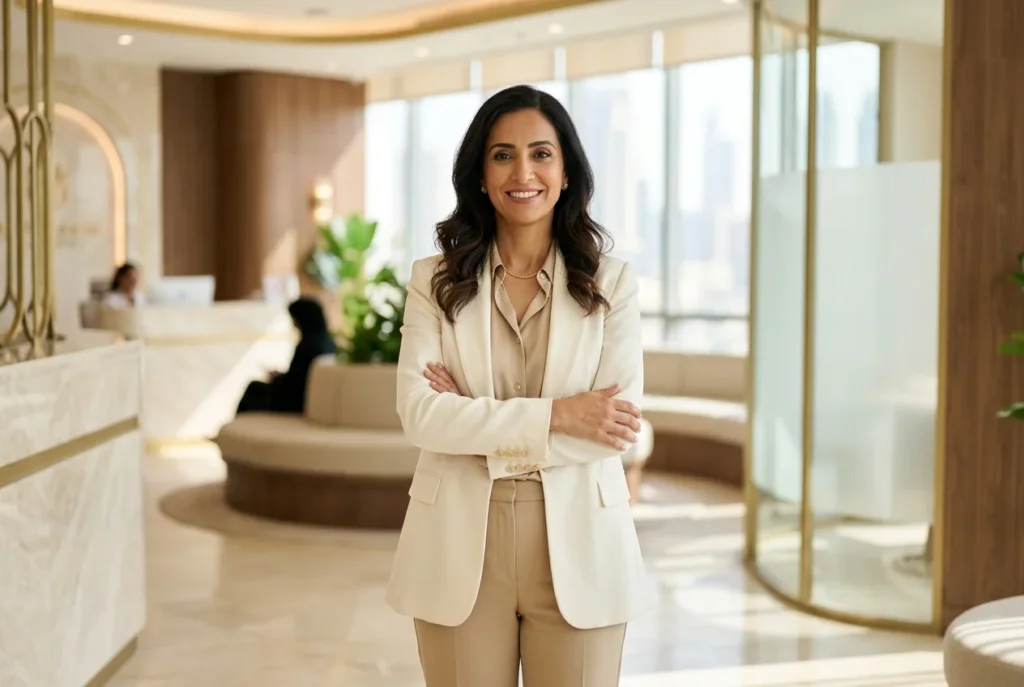 Confident woman in her mid-forties in a Dubai office lobby