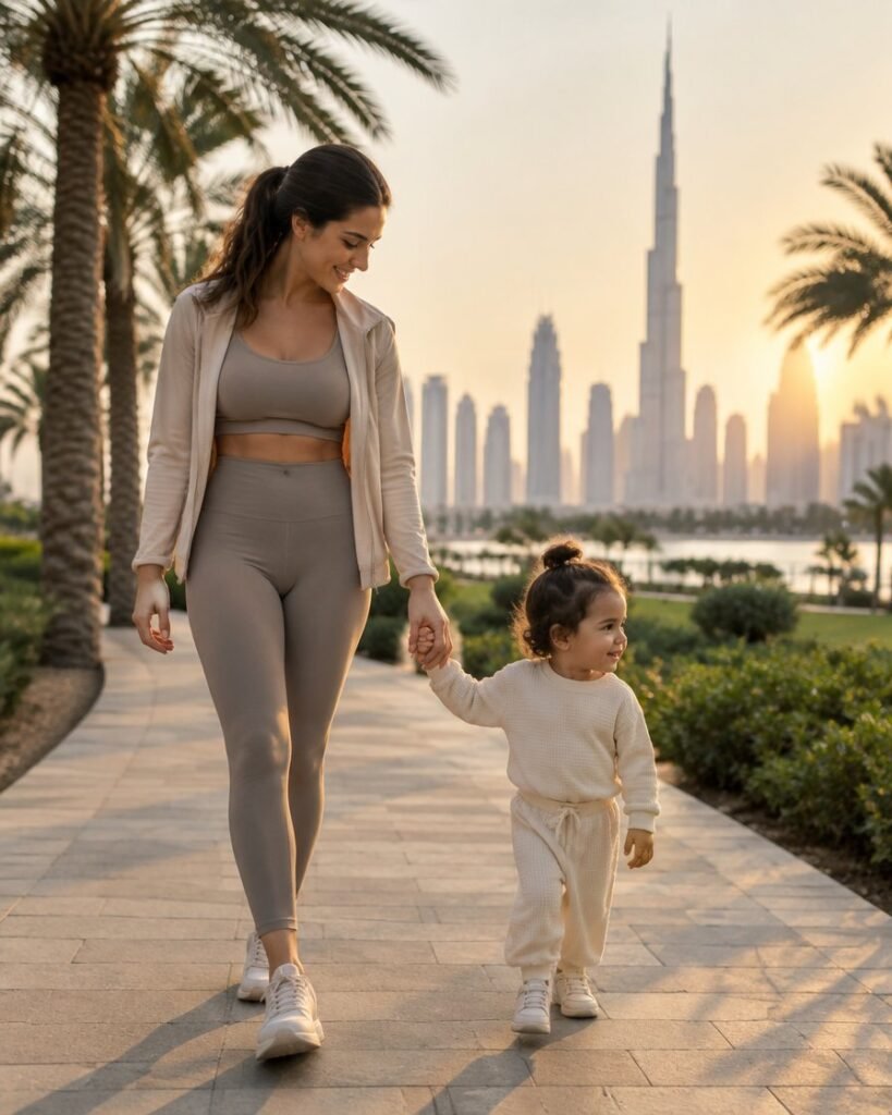 Post-pregnancy weight loss in Dubai: mother walking with her toddler along a palm-lined path