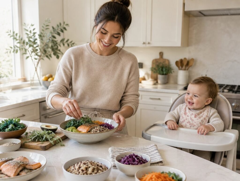 Mother preparing a healthy lunch bowl in her kitchen next to her baby