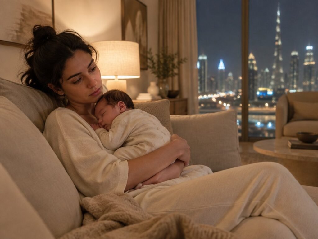 Mother holding her sleeping newborn on the sofa in the evening