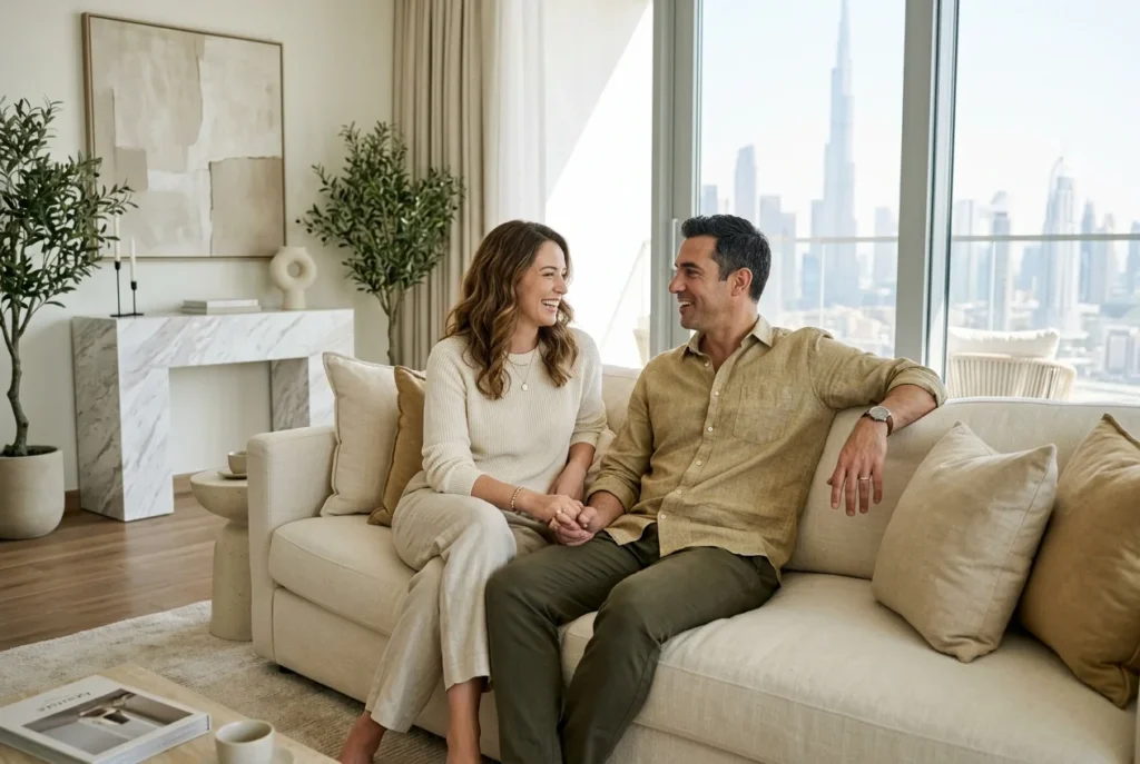 Couple talking on a sofa in a bright Dubai apartment