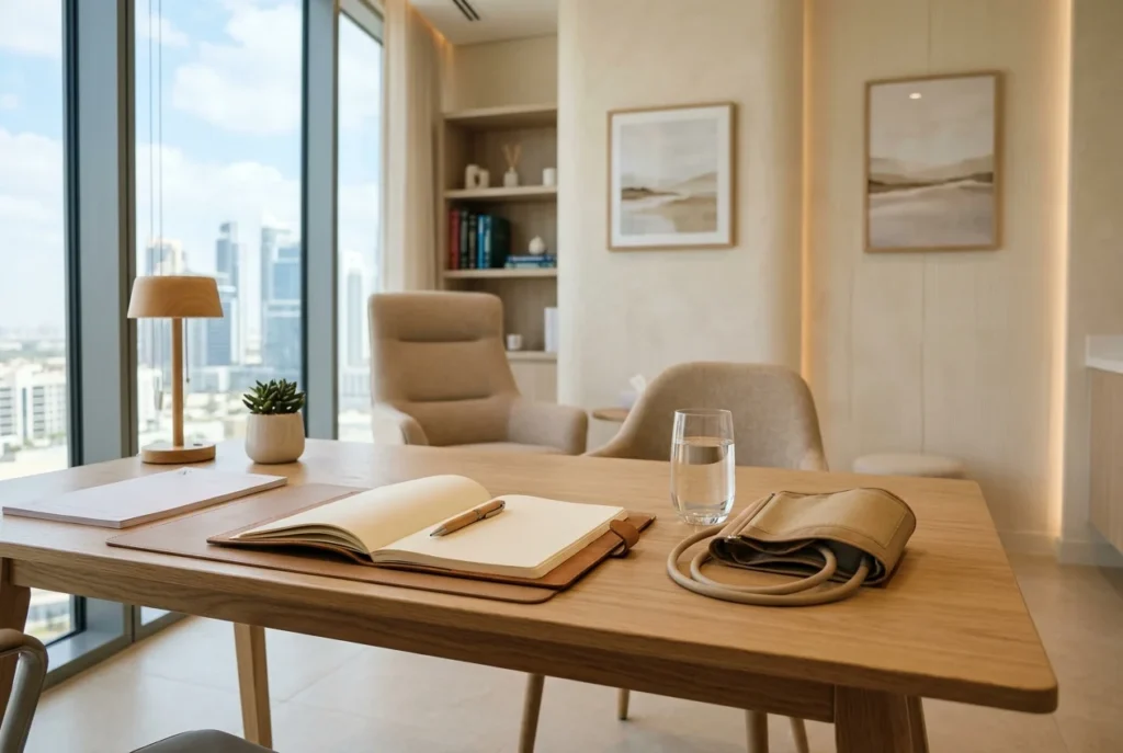 Quiet consultation desk in a Dubai clinic