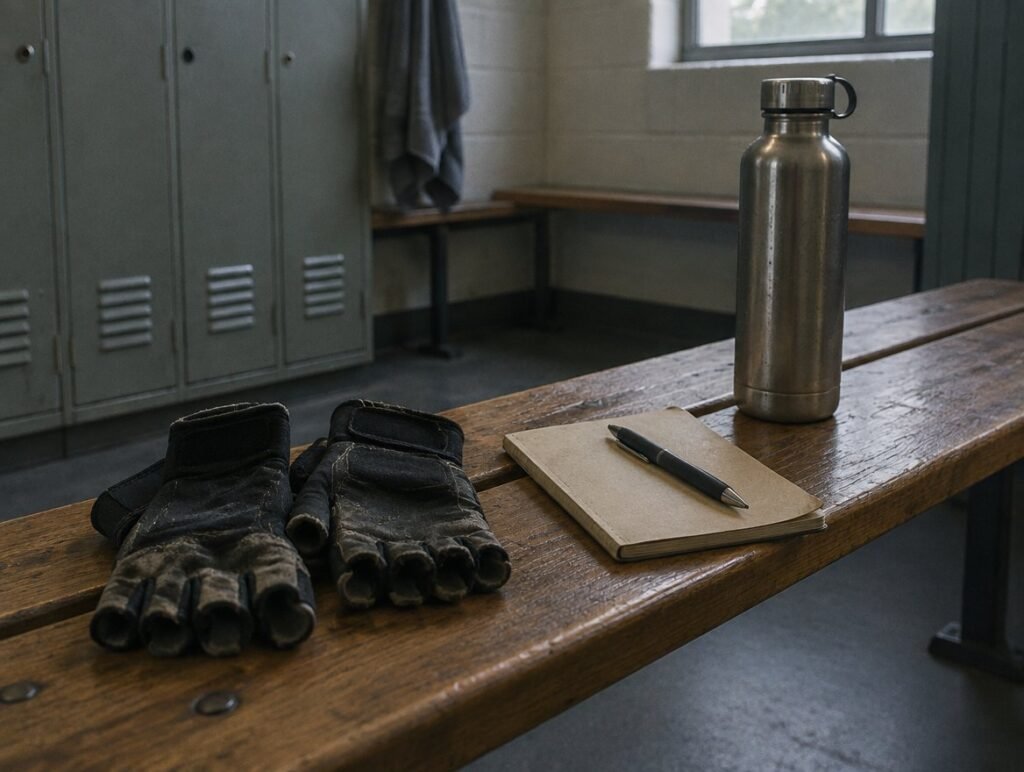 Lifting gloves, a notebook and a water bottle on a changing room bench