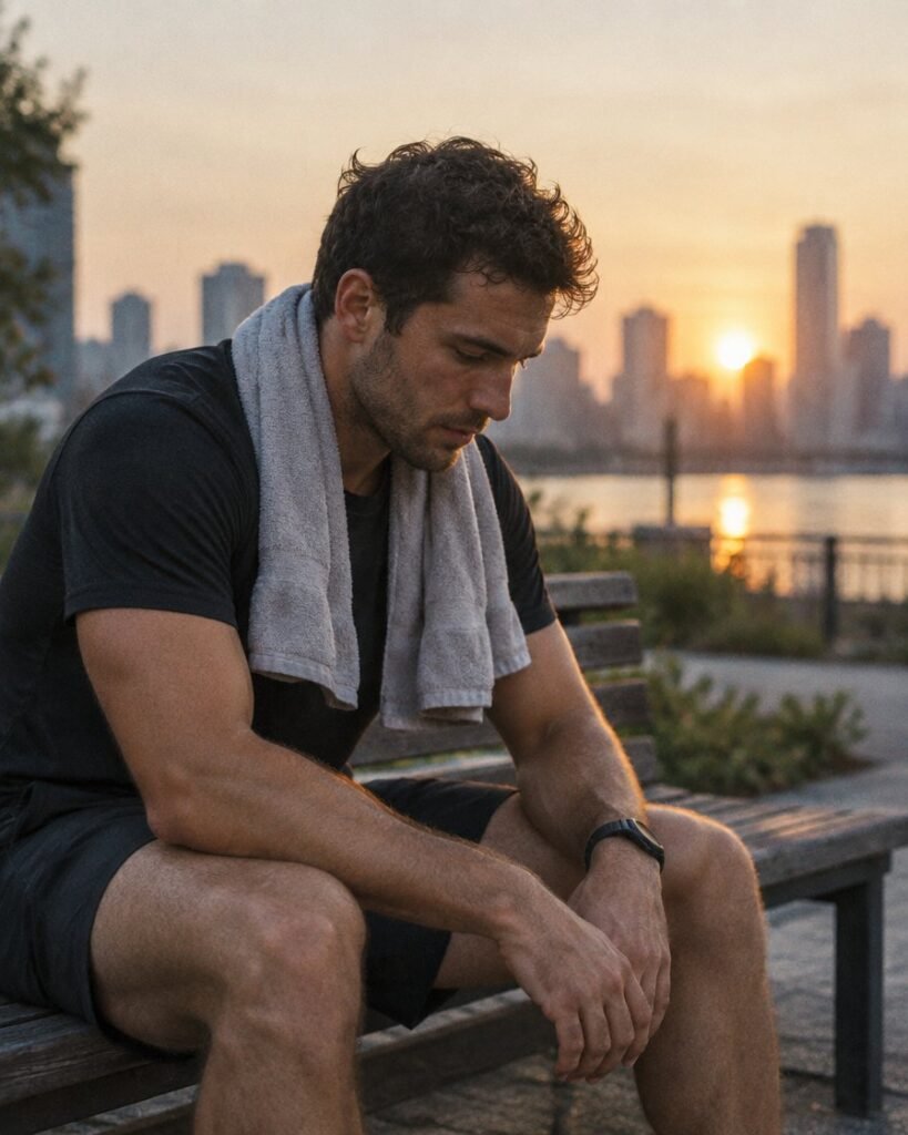 TRT after steroid use in Dubai: man in his thirties sitting on a bench at sunrise after training