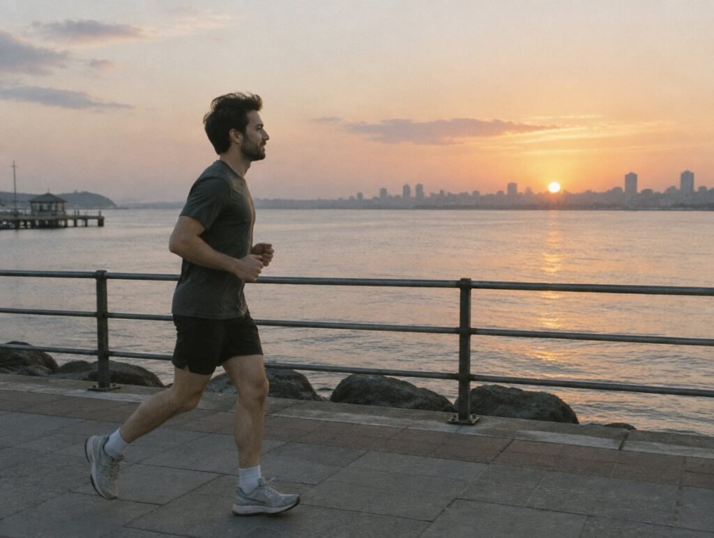Man in his thirties jogging along the waterfront at sunrise