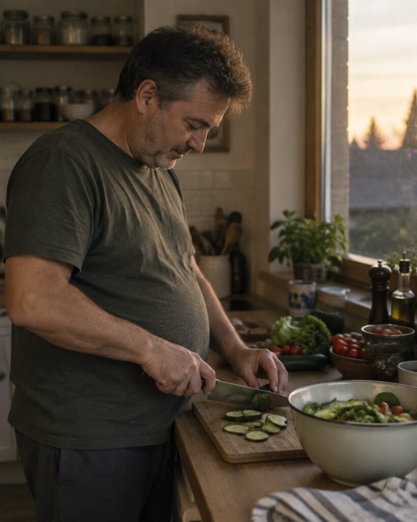 TRT for men with diabetes in Dubai: man in his fifties preparing a salad in his kitchen
