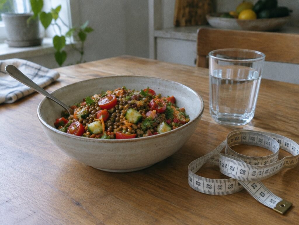 Lentil salad, a glass of water and a tape measure on a kitchen table