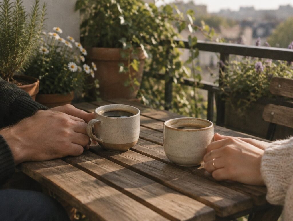 Two coffee cups on a balcony table with a couple's hands