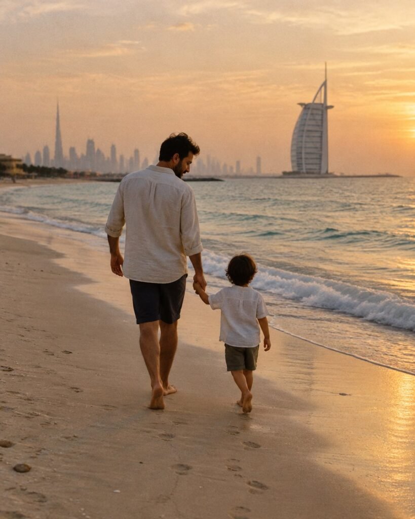 TRT and fertility in Dubai: father walking with his young son along the beach at sunset