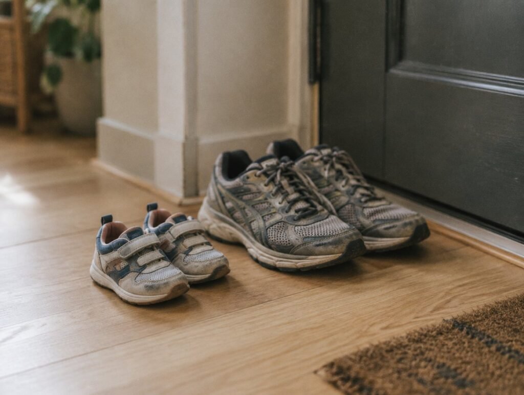 Small child's sneakers next to adult running shoes by the door