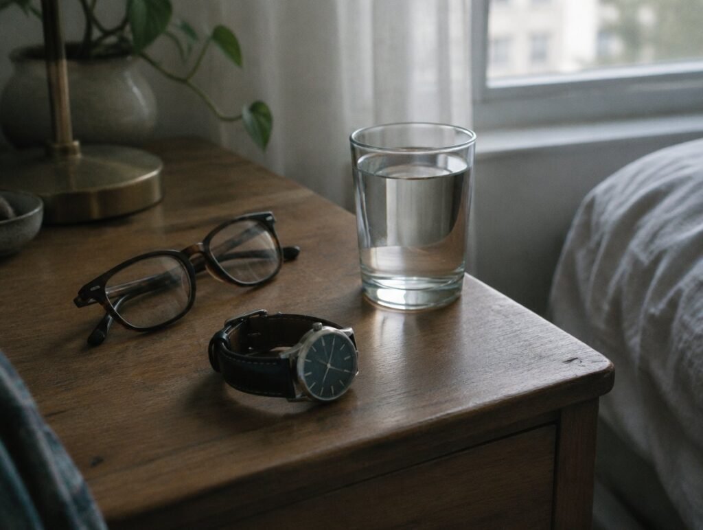 Wristwatch, reading glasses and a glass of water on a bedside table in the morning