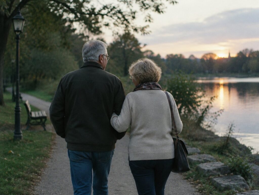 Couple in their sixties walking arm in arm along a park path in the evening