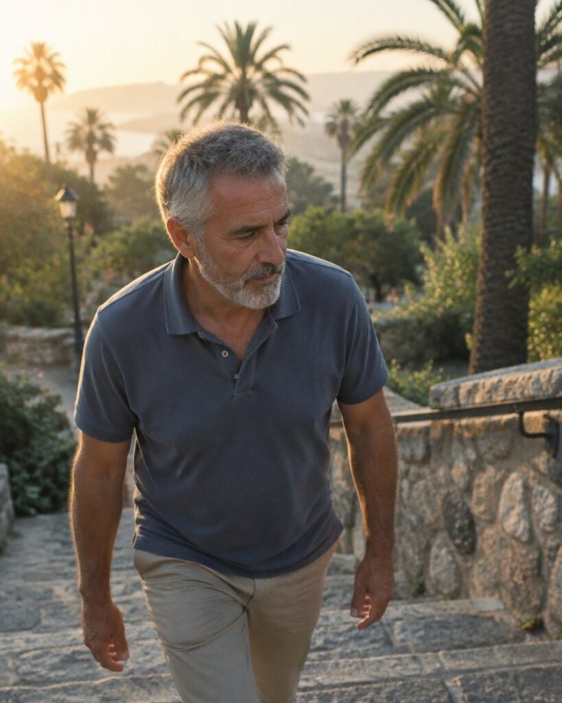 TRT for men over 50 in Dubai: man in his late fifties walking up park steps in the early morning