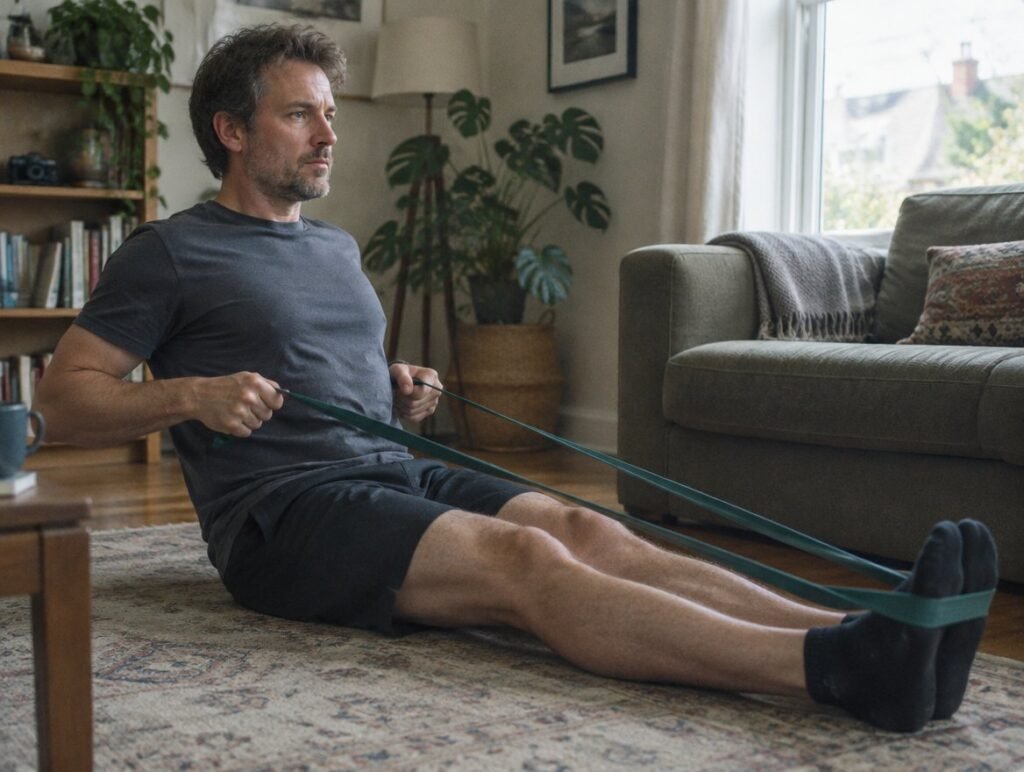 Man in his forties doing a seated row with a resistance band at home