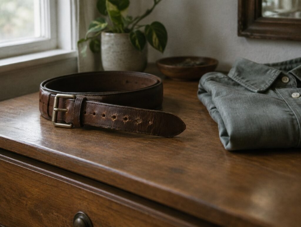 Worn leather belt next to a folded shirt on a wooden dresser
