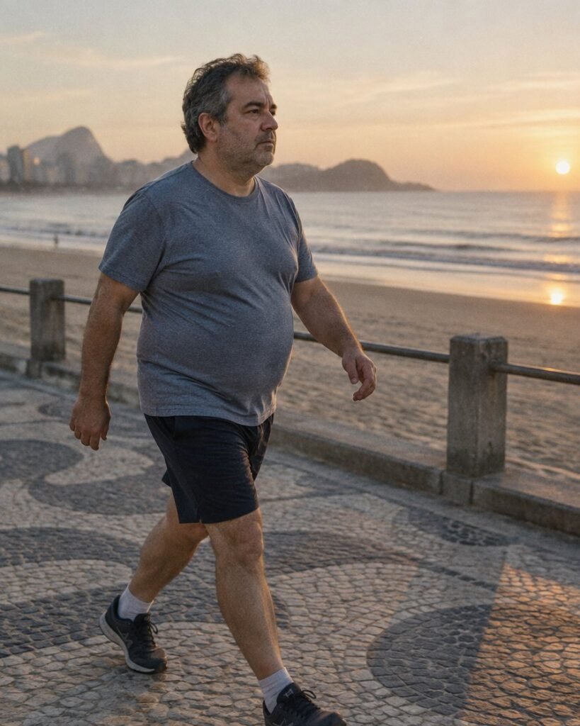 TRT for weight loss in Dubai: man in his forties walking briskly along a beach promenade in the morning