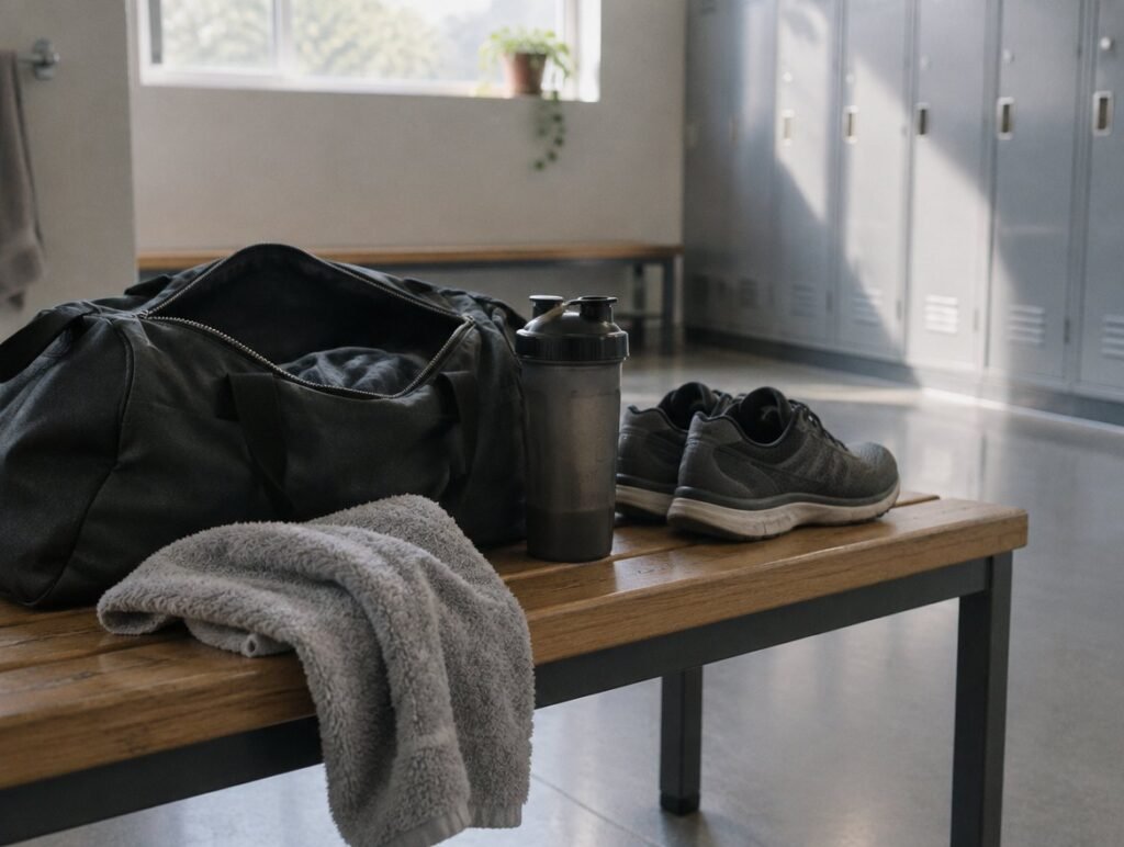 Gym bag with towel, training shoes and shaker bottle on a bench
