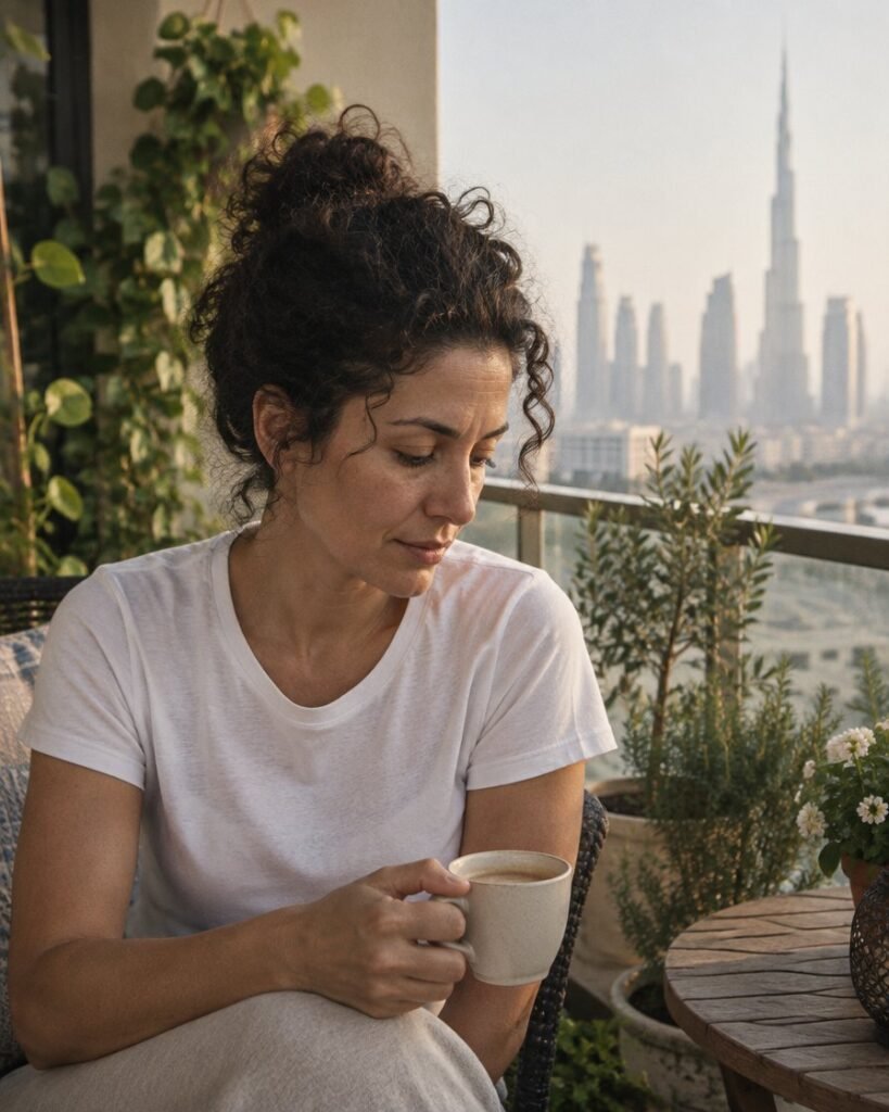 Weight regain treatment in Dubai: woman with a cup of coffee on her balcony