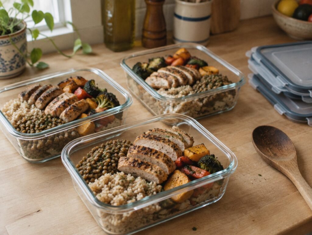 Meal prep containers with chicken, rice, vegetables and lentils