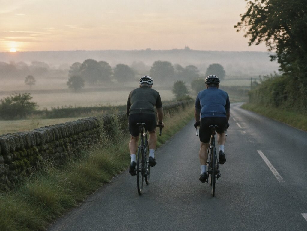 Two cyclists on a quiet road in the early morning