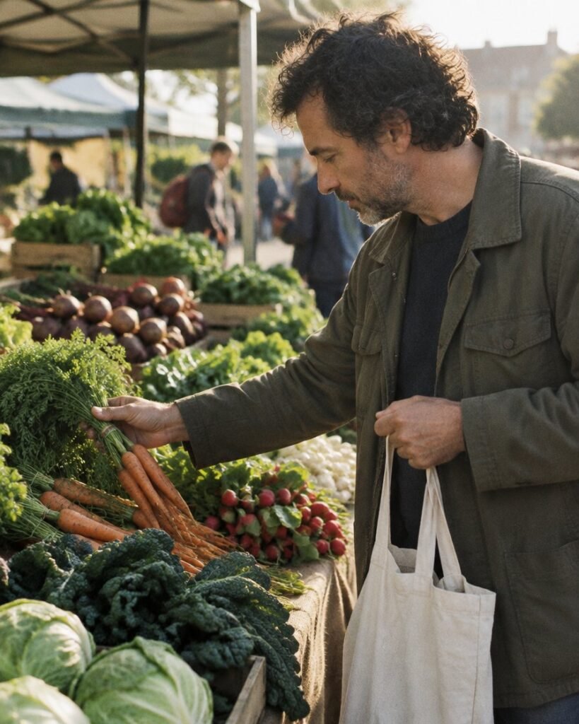 Weight loss injections for fatty liver in Dubai: man in his forties choosing vegetables at a market stall