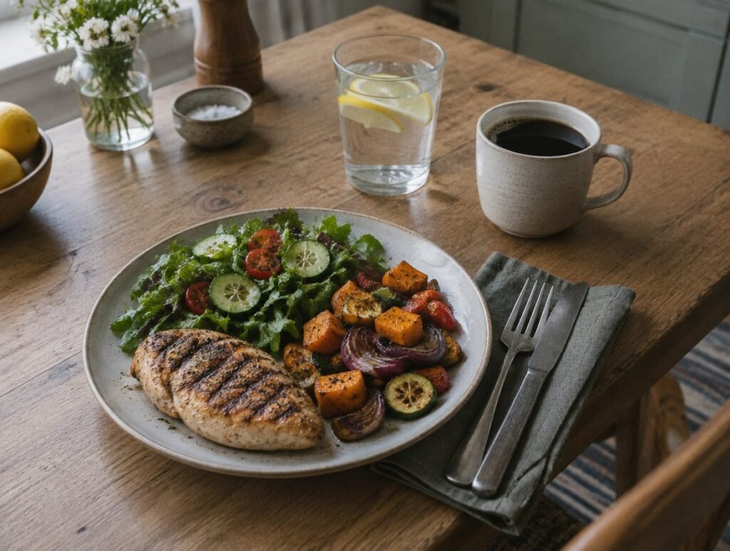 Plate of grilled chicken with vegetables and salad next to water and coffee