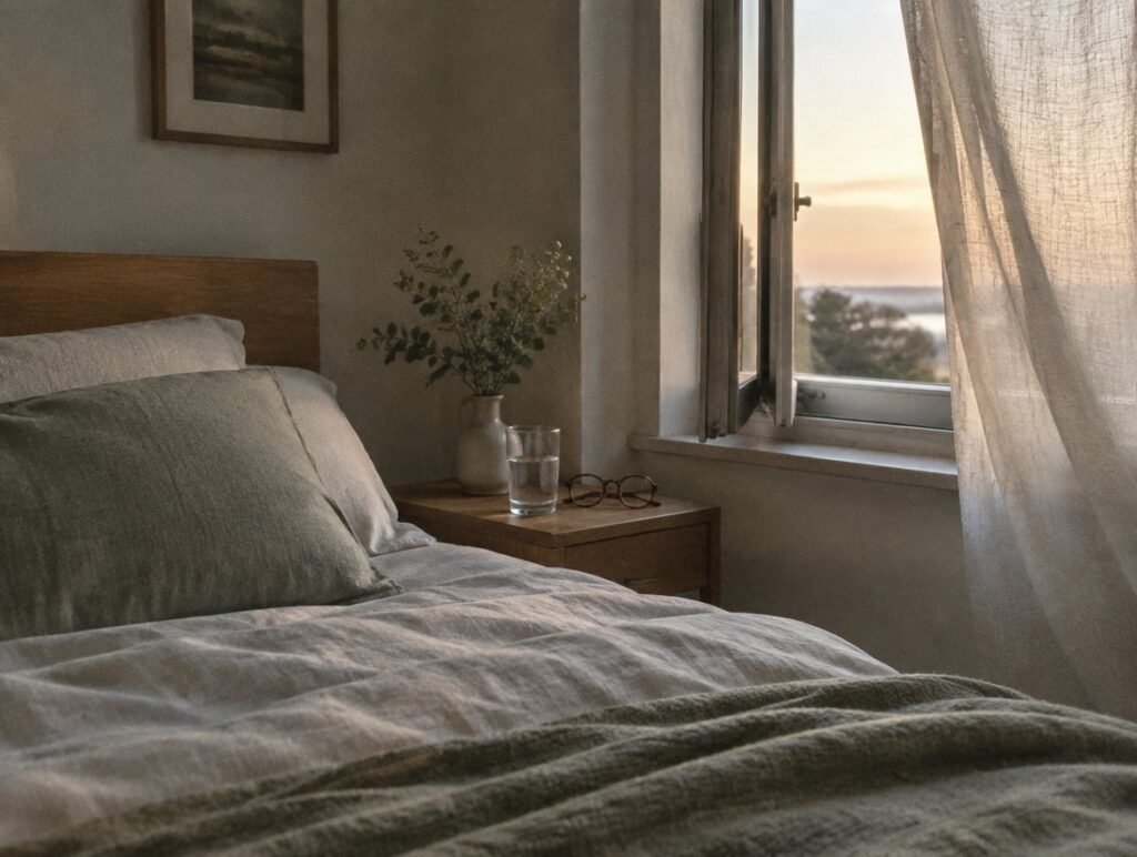 Quiet bedroom at dawn with a glass of water on the bedside table