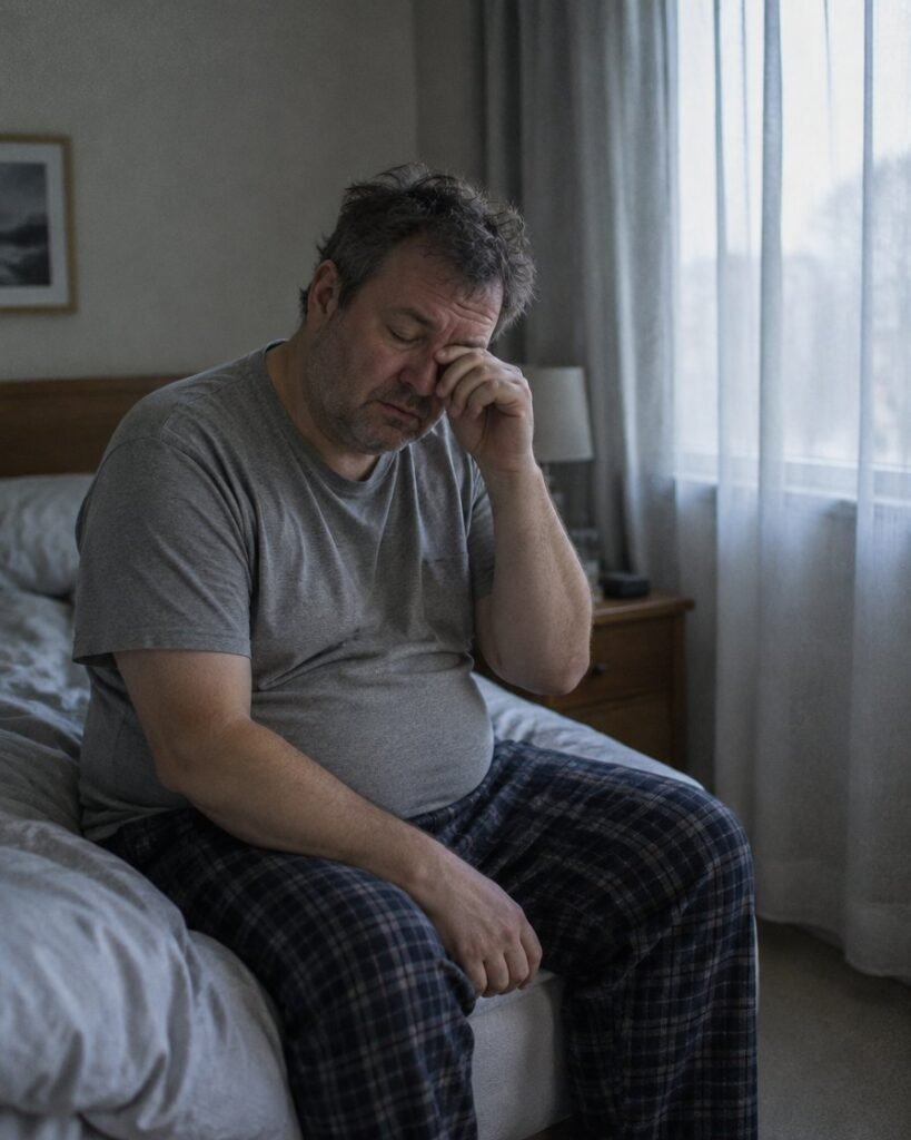 Weight loss injections for sleep apnea in Dubai: man in his late forties sitting on the edge of his bed in the early morning