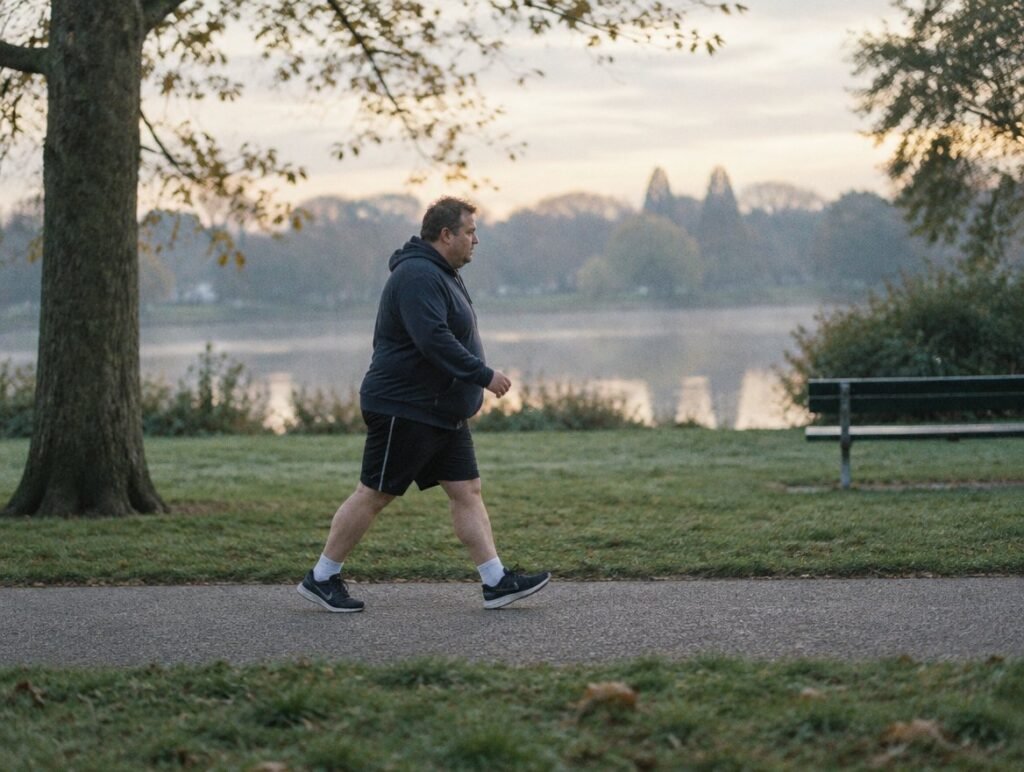 Man walking briskly in a park in the early morning