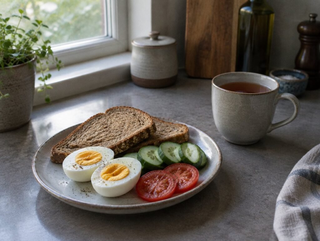 Breakfast with boiled eggs, wholegrain bread and vegetables