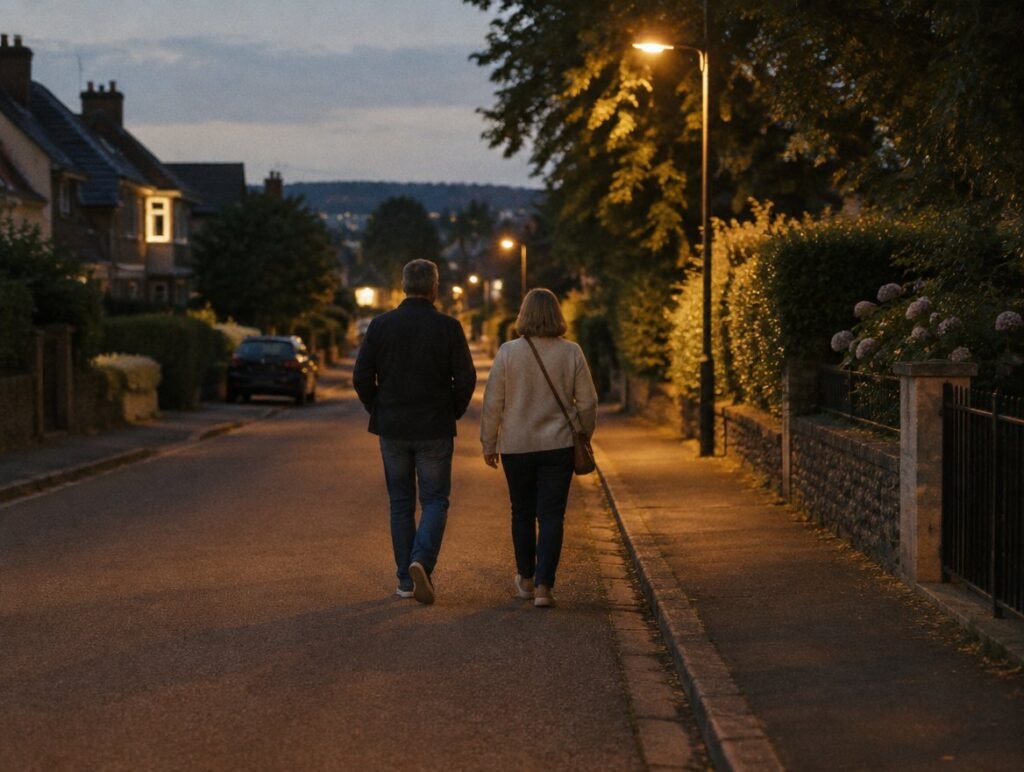 Couple taking an evening walk after dinner