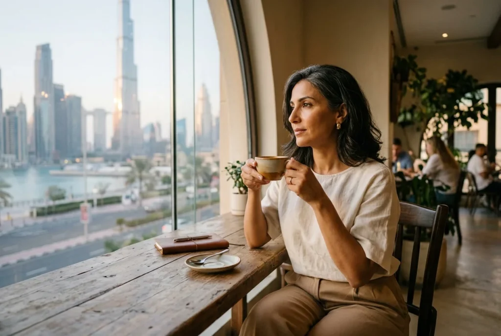 Woman at a cafe window in Dubai