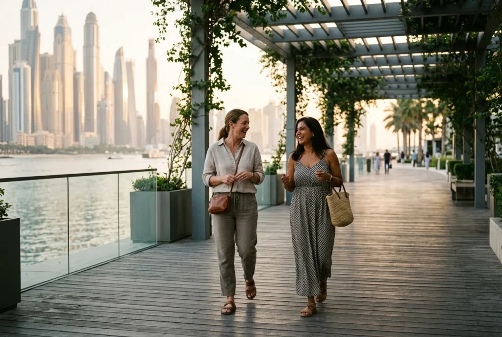 Two women walking on a Dubai boardwalk