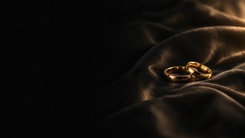 Two wedding rings on silk bed linen, women's sexual health treatment in Dubai